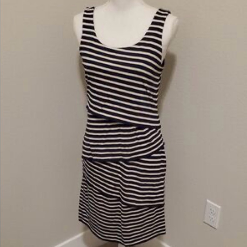 Loft Navy Blue Cream Tan Striped Dress XS